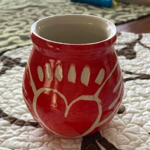 Red Ceramic Vase with White Heart Accent - Decorative Home Art